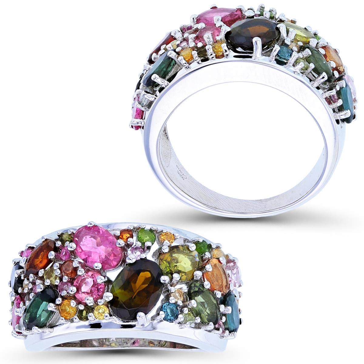 Sterling Silver Rhodium Scattered Tourmaline Fashion Ring