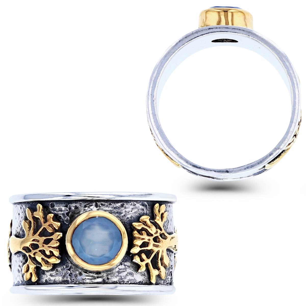 Sterling Silver Oxidized Two-Tone Bezel 6mm Rnd Blue Chalcedony with Tree Ornament on Sides Wide Band