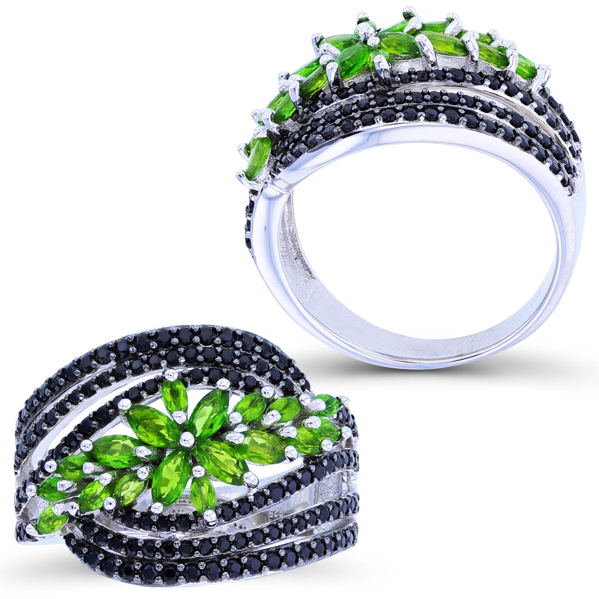 Sterling Silver Black & Rhodium Chrome Diopside Flowers & Black Spinel Rows Fashion Ring