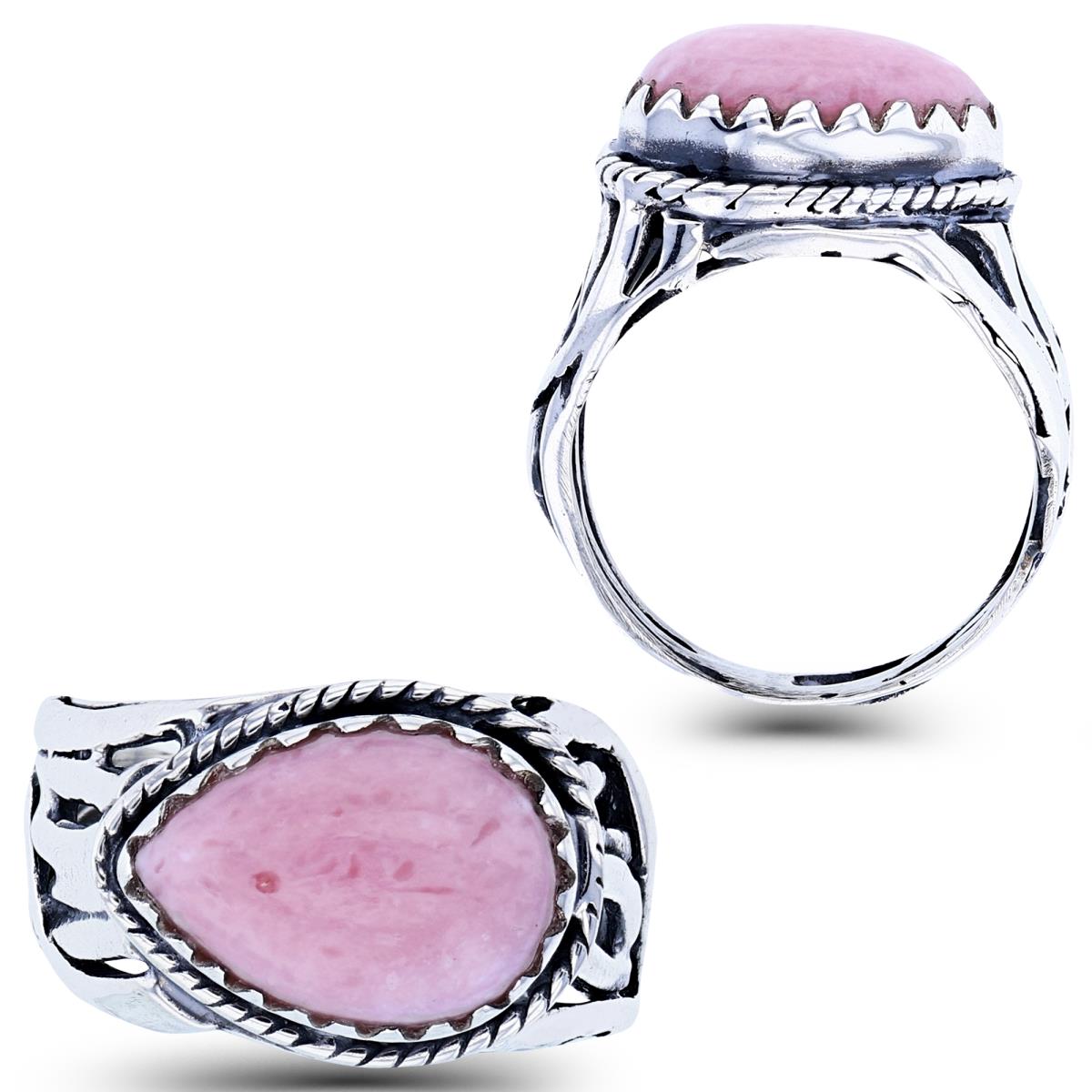 Sterling Silver Oxidized Textured 14x10mm PS Cabochon Pink Opal Ring