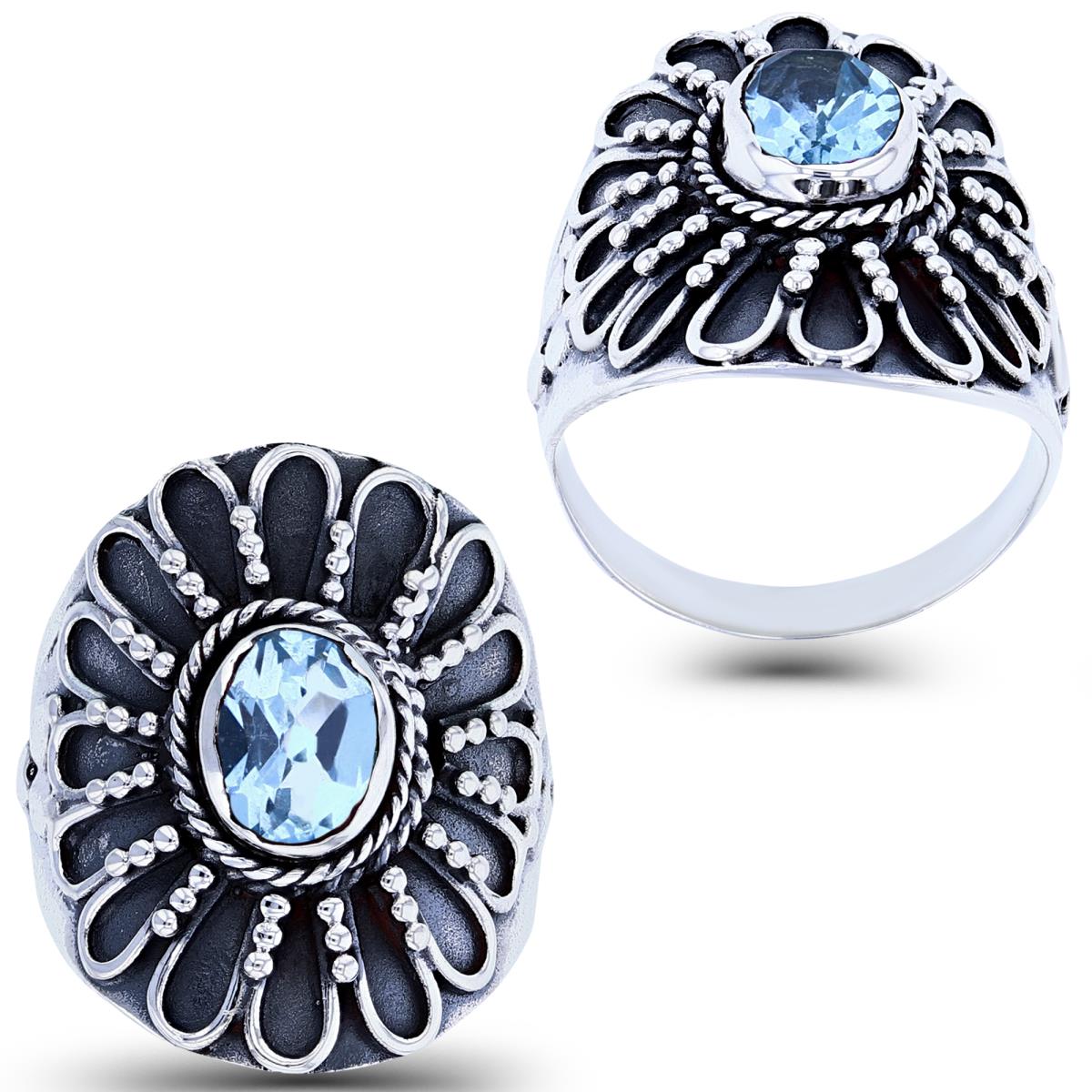 Sterling Silver Oxidized Textured 8x6mm Ov Blue Topaz Flower Ornament Ring