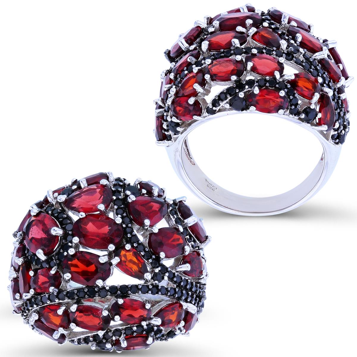 Sterling Silver Black & Rhodium Multi Cut Garnet & Black Spinel Domed Fashion Ring
