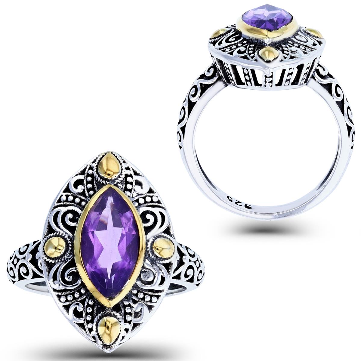 Sterling Silver Oxidized Two-Tone 12x6mm MQ Amethyst Textured Marquise Ring