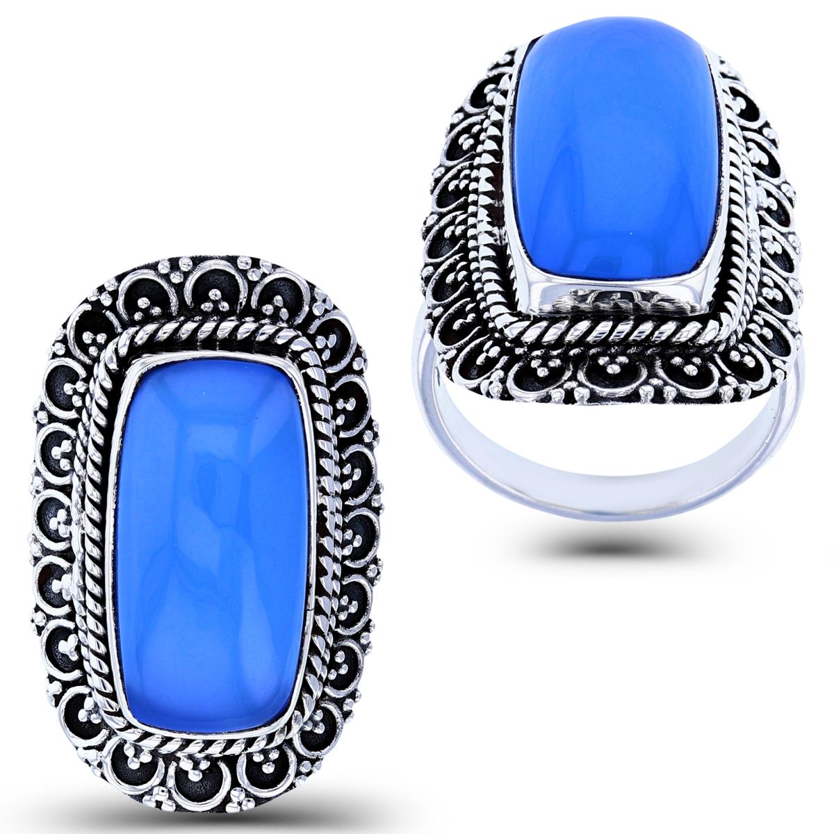 Sterling Silver Oxidized Bezel 20x10mm Cush Cabochon Blue Chalcedony Textured Ring