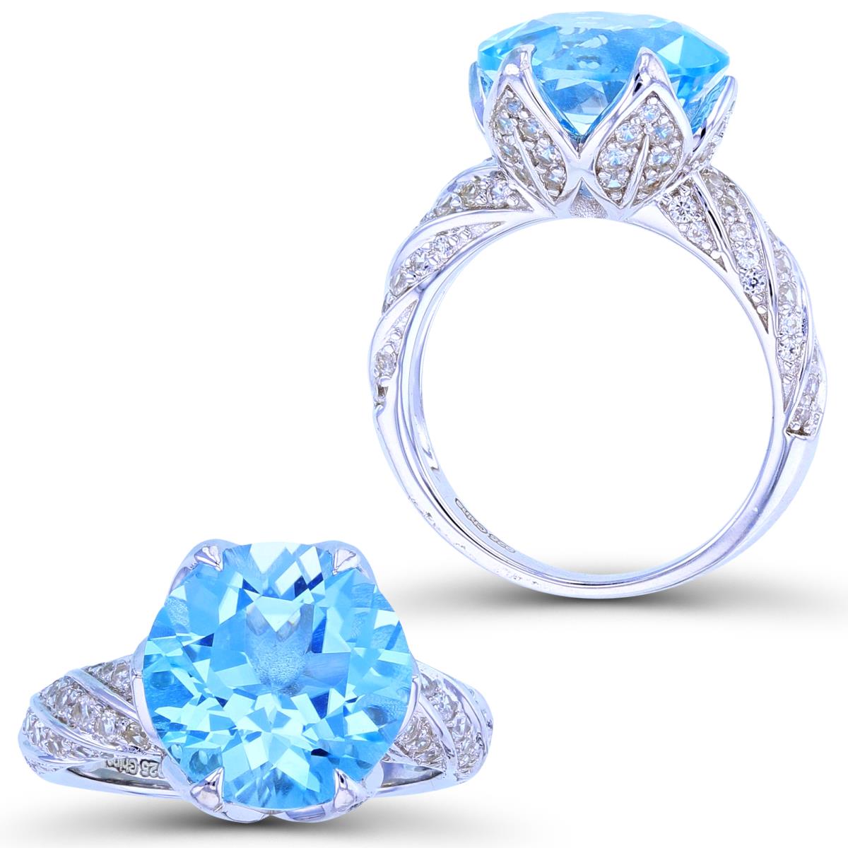 Sterling Silver Rhodium 12mm Sky Blue Topaz & White Zircon Flower Ring