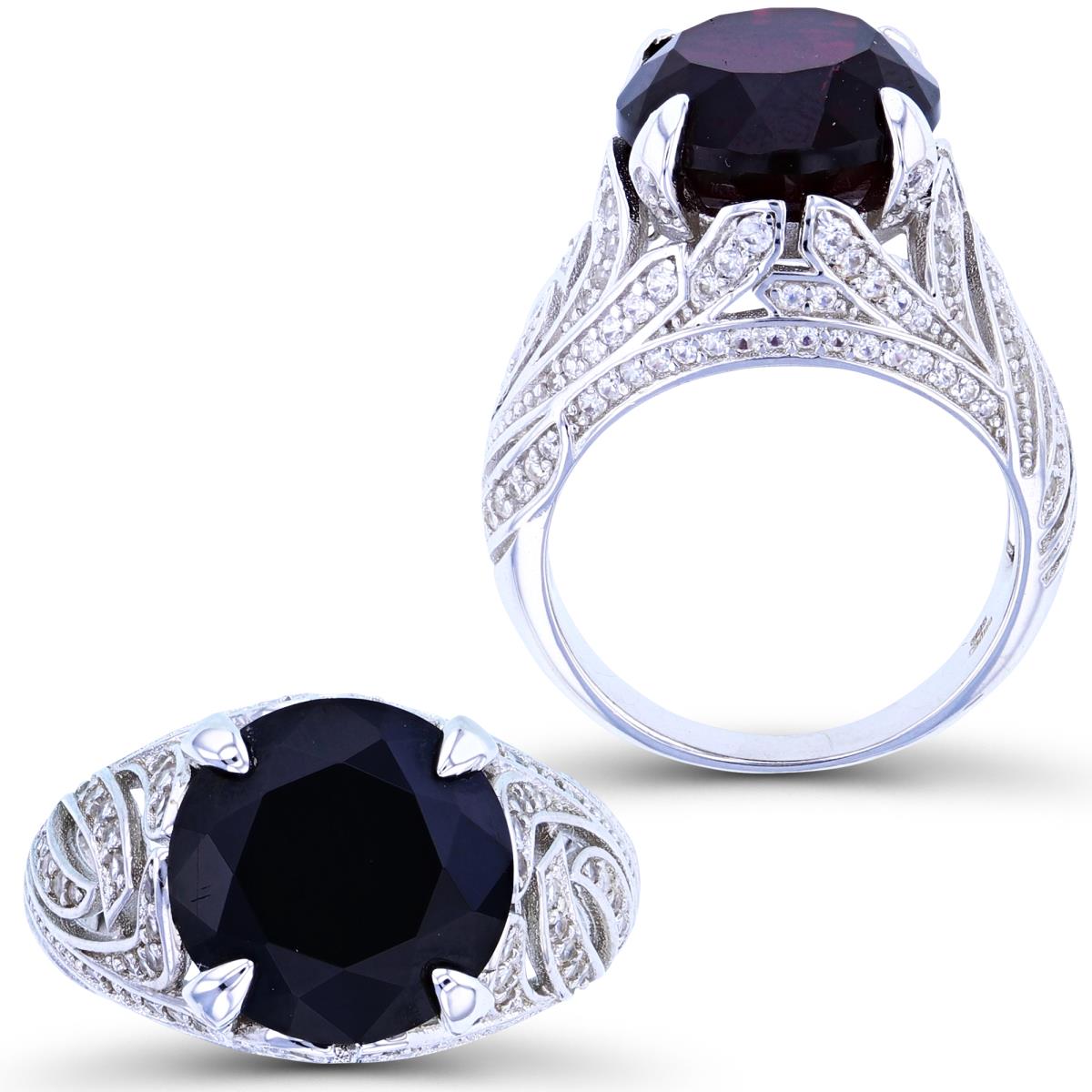 Sterling Silver Rhodium 12mm Rd Black Spinel & White Zircon Fancy Engagement Ring