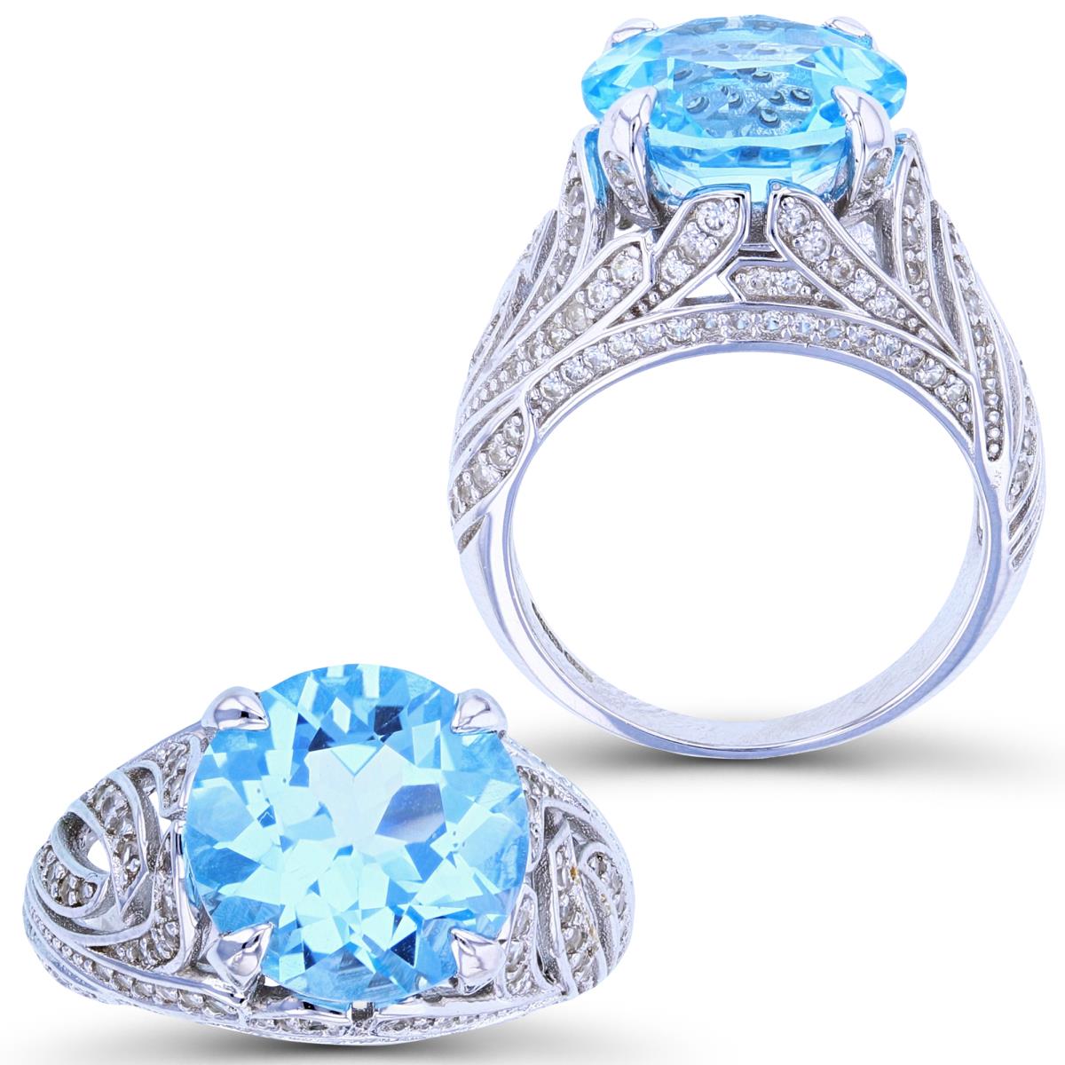 Sterling Silver Rhodium 12mm Rd Sky Blue Topaz & White Zircon Fancy Engagement Ring