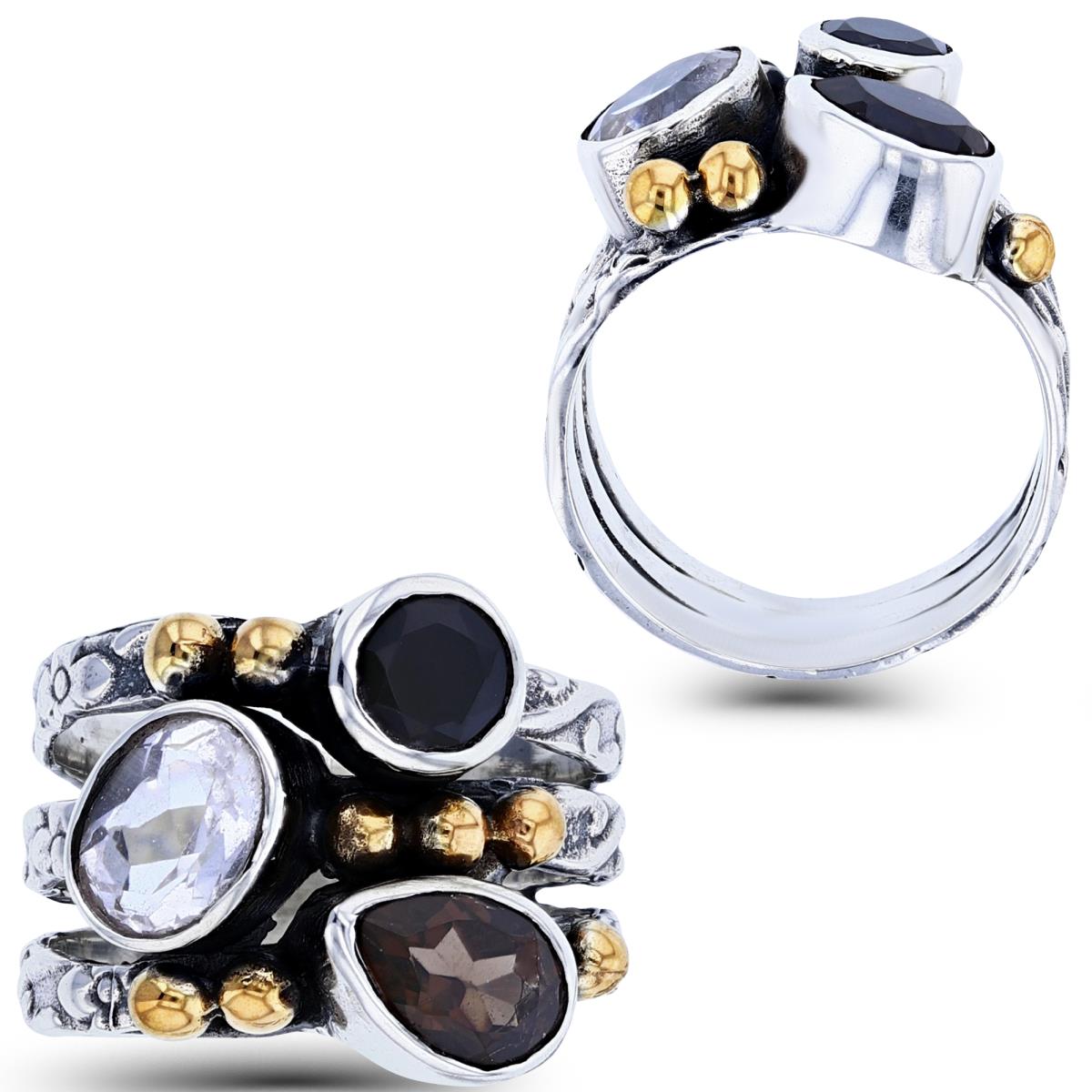 Sterling Silver Oxidized+Yellow Plated Beads Bezel 7x5mm PS Smokey/5mm Rnd Black Onyx & 7x5mm Ov CrystalTextured Wide Band