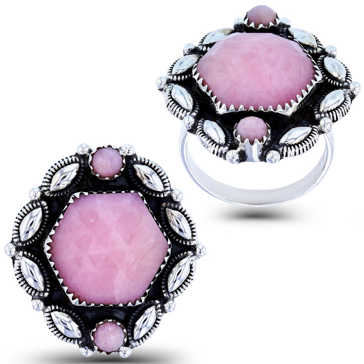 Sterling Silver Oxidized Bezel 14x14mm Hexagon Checkerboard & 4mm Rnd Cabochon Pink Opal Textured MQ-Clusters Ring