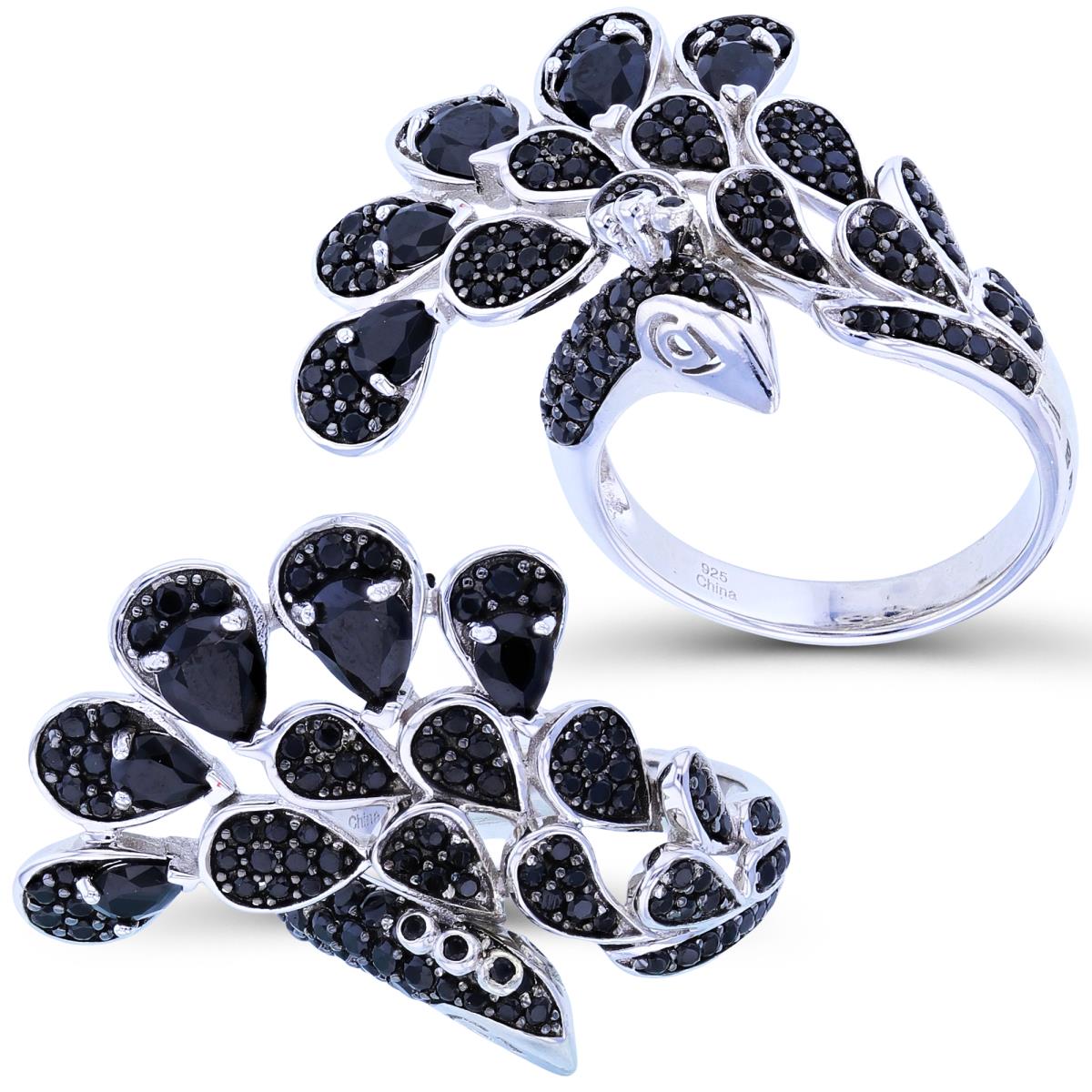 Sterling Silver Black & Rhodium Paved Black Spinel Peacock Fashion Ring