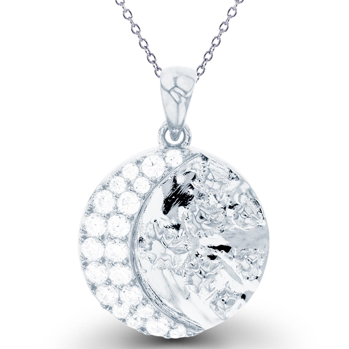 Sterling Silver Rhodium Rnd White CZ Moon & Textured Stars on High Polish Circle 18"Necklace