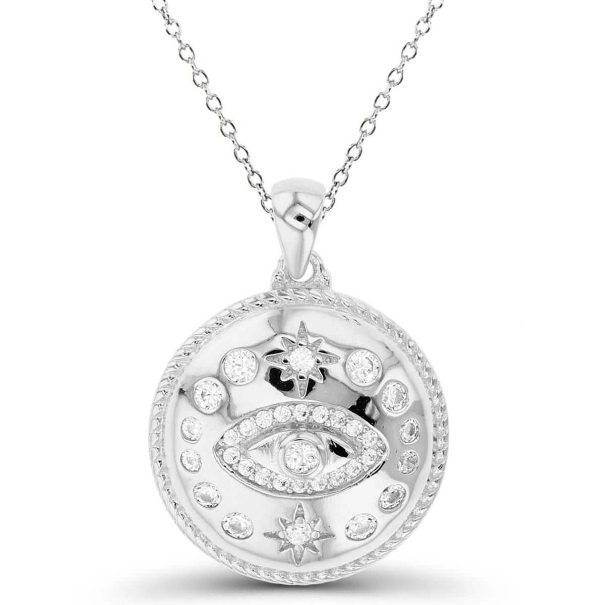 Sterling Silver Rhodium Rnd White CZ Evil Eye & Textured Stars with Bezel Circles on High Polish Puffy Circle 18"Necklace