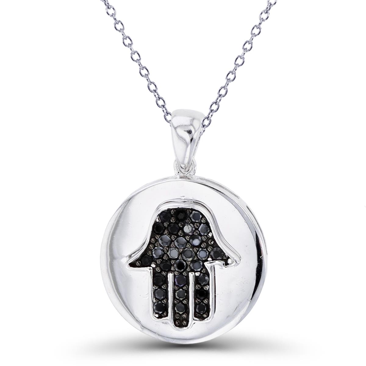 Sterling Silver Two-Tone Pave Rnd Black Spinel Hamsa on High Polish Circle 18"Necklace