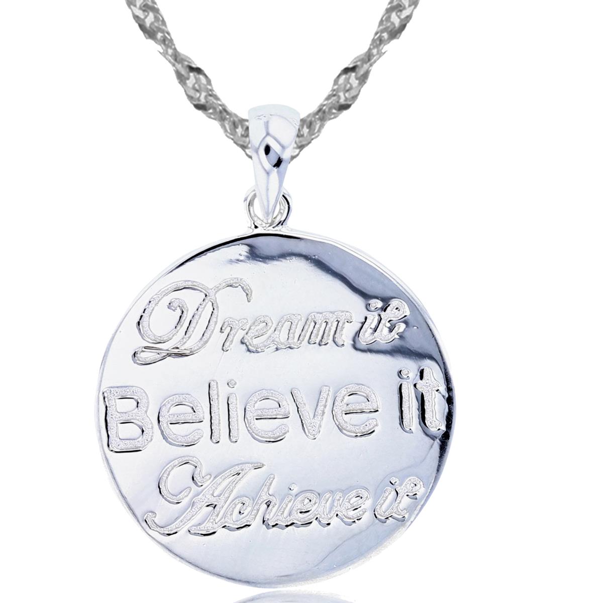 Sterling Silver Rhodium Textured "Dream it.Believe it.Achieve it" Circle 18"+2" Singapore Necklace