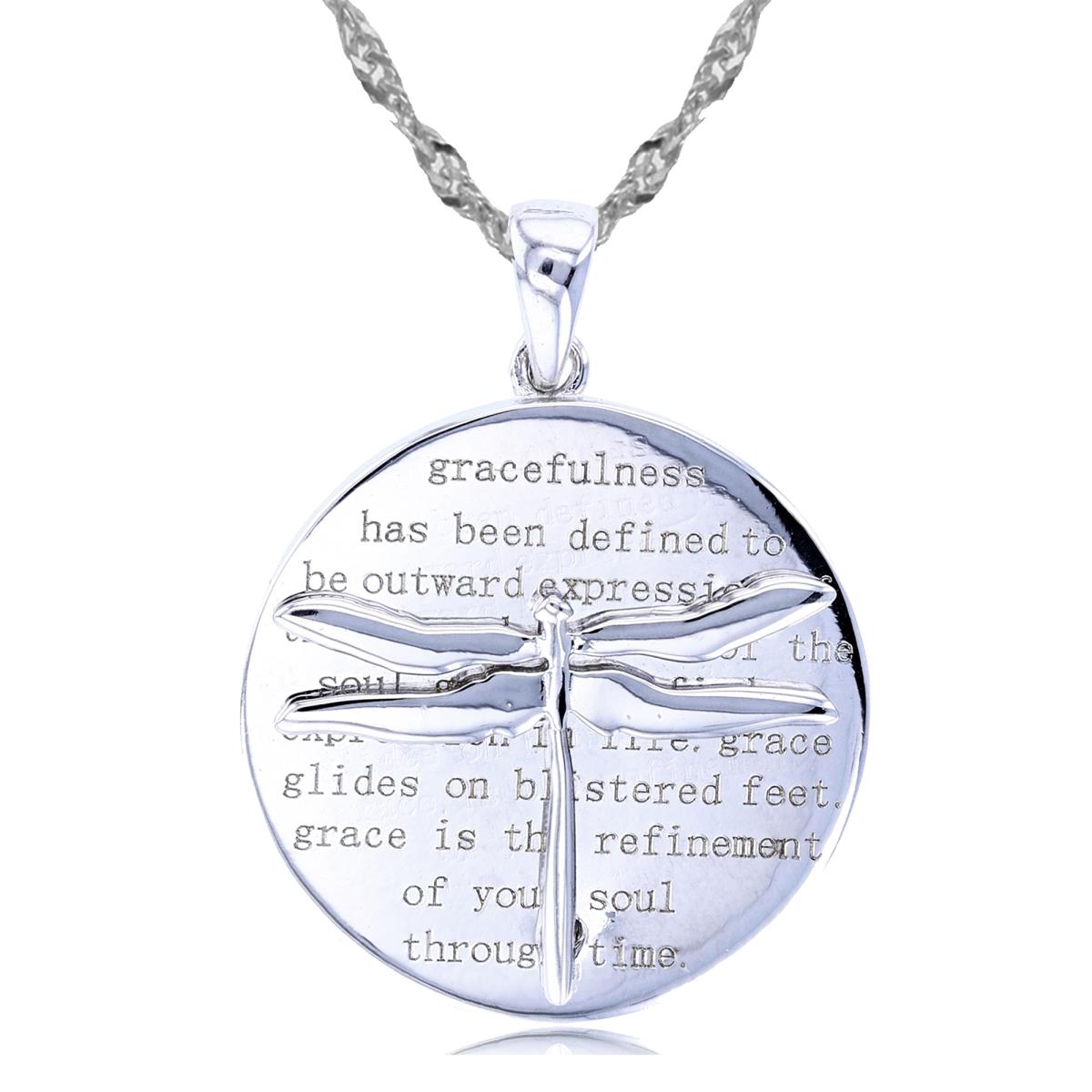 Sterling Silver Rhodium High Polish Dragonfly on Textured Circle Disk 18"+2" Singapore Necklace