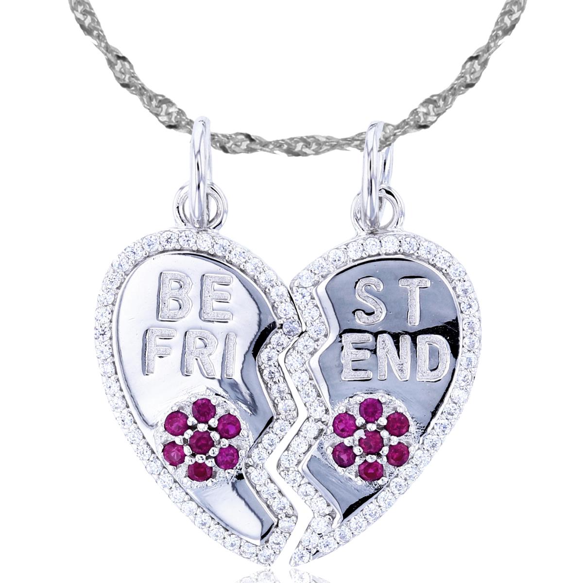 Sterling Silver Rhodium Rnd White & #8 Ruby CZ "Be Friend" Devided Heart 18"+2" Singapore Necklace (2 Chains)