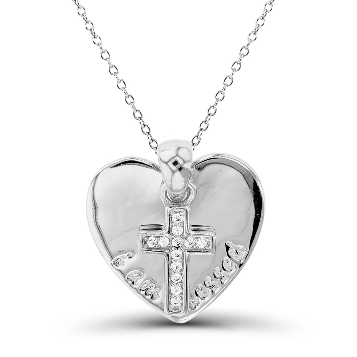 Sterling Silver Rhodium Rnd White CZ Cross & "I am blessed"High Polish Heart 18"Necklace