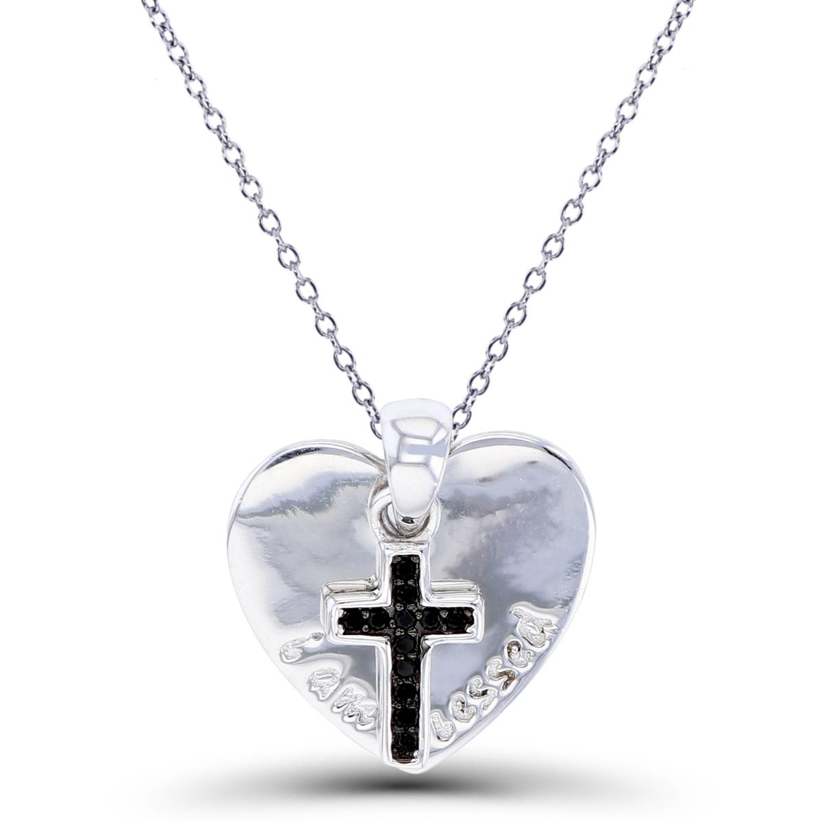 Sterling Silver Two-Tone Rnd Black Spinel Cross & "I am blessed"High Polish Heart 18"Necklace