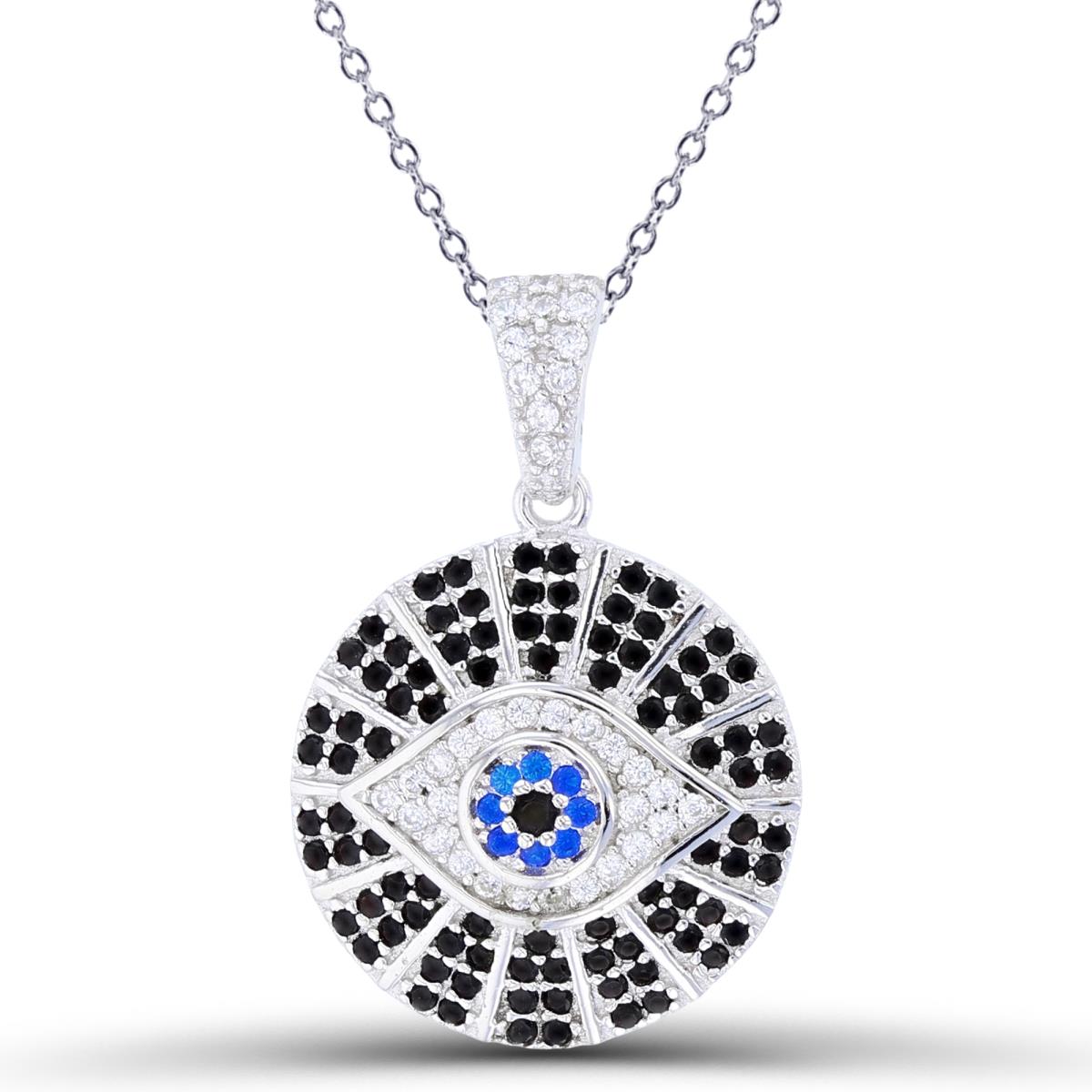 Sterling Silver Rhodium Rnd #113 Blue Spinel & Rnd White /Black CZ Evil Eye in Circle 18"Necklace