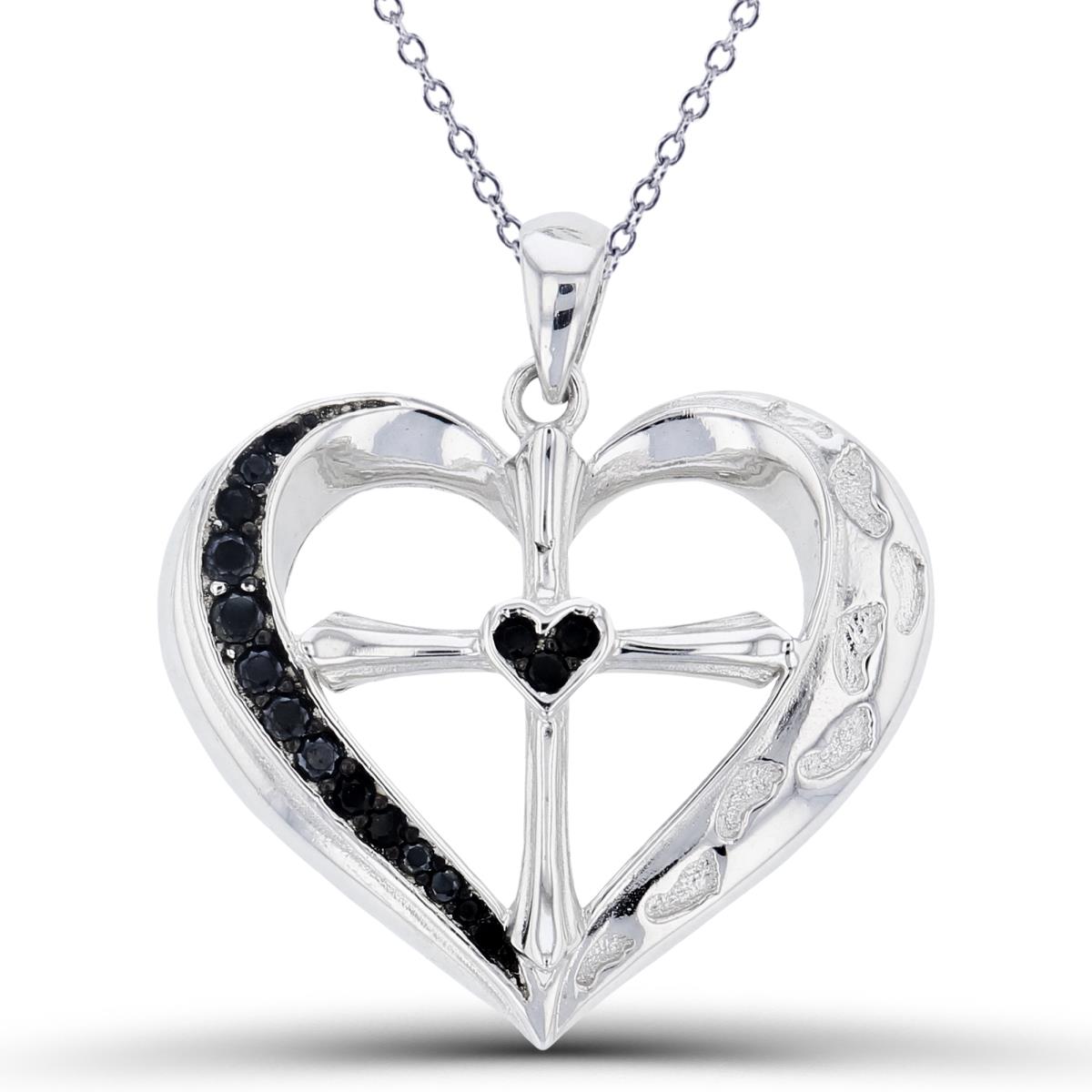 Sterling Silver Two-Tone (W/B) Polish & Textured Rnd Black Spinel Cross in Heart 18"Necklace