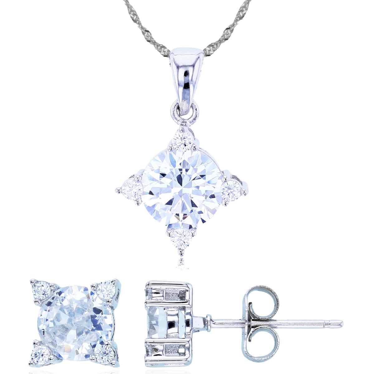 Sterling Silver Rhodium 8mm/2mm Rd White CZ Cushion 18"+2" Singapore Necklace/Earring Set