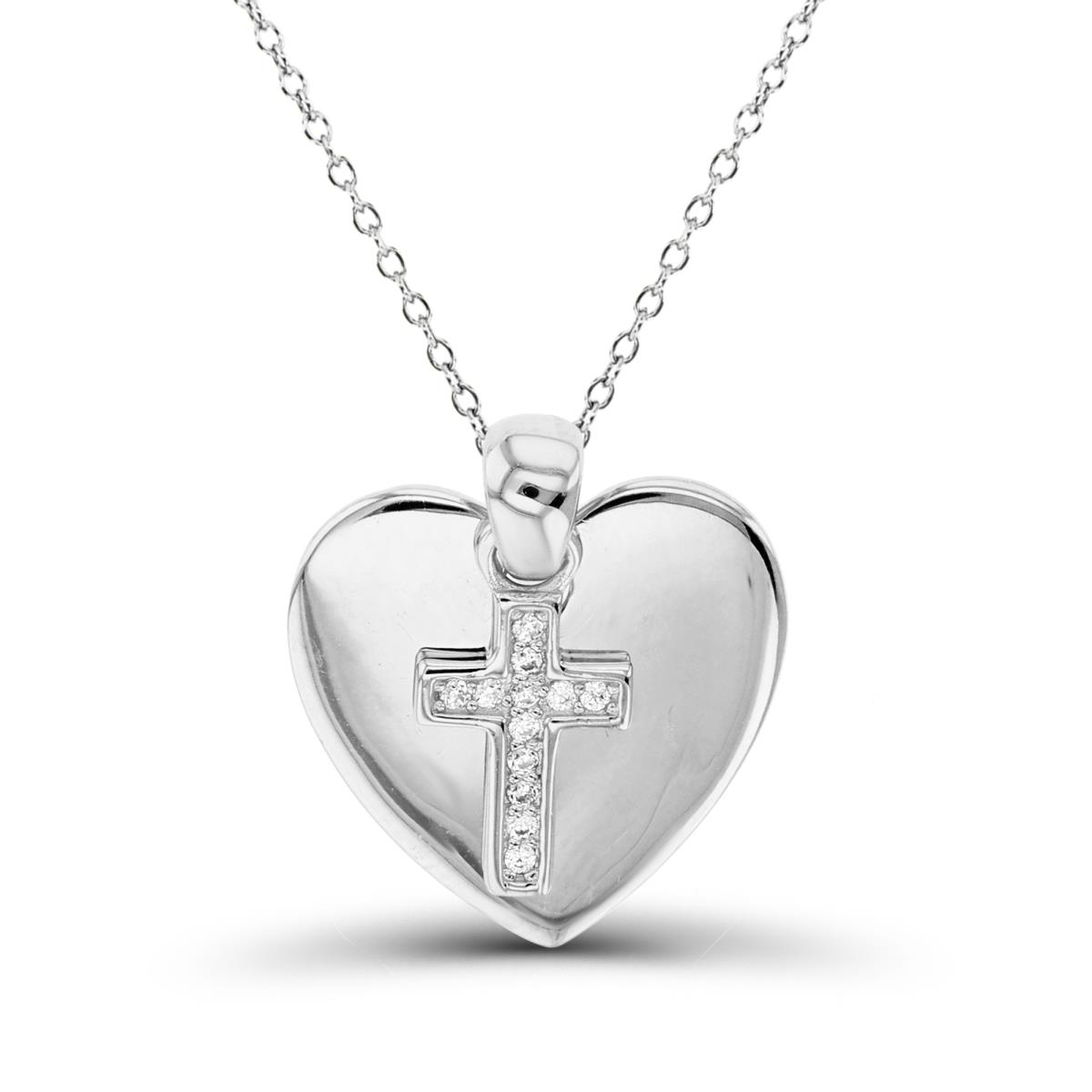 Sterling Silver Rhodium Rnd White CZ Cross & High Polish Heart 18"Necklace