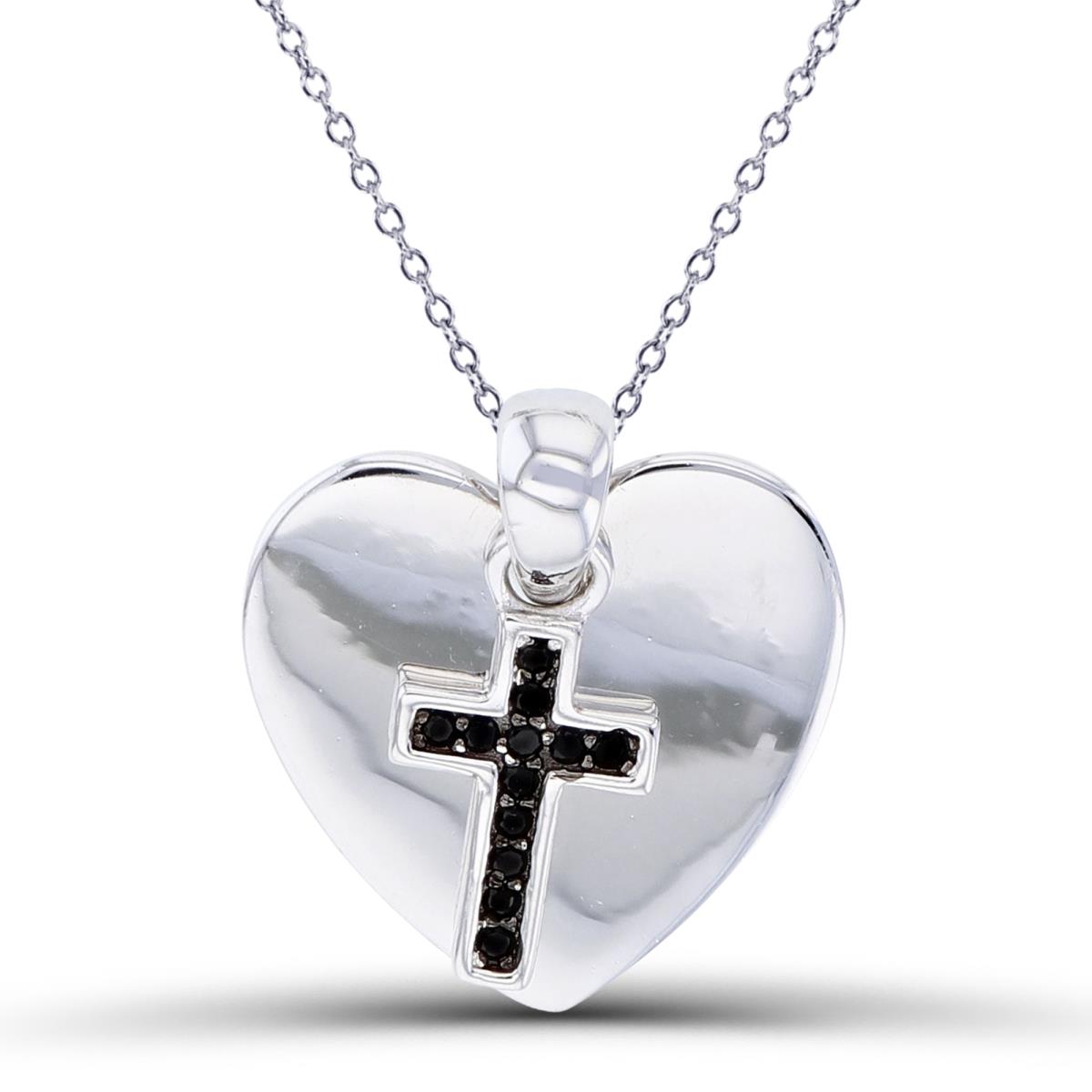 Sterling Silver Two-Tone Rnd Black Spinel Cross & High Polish Heart 18"Necklace