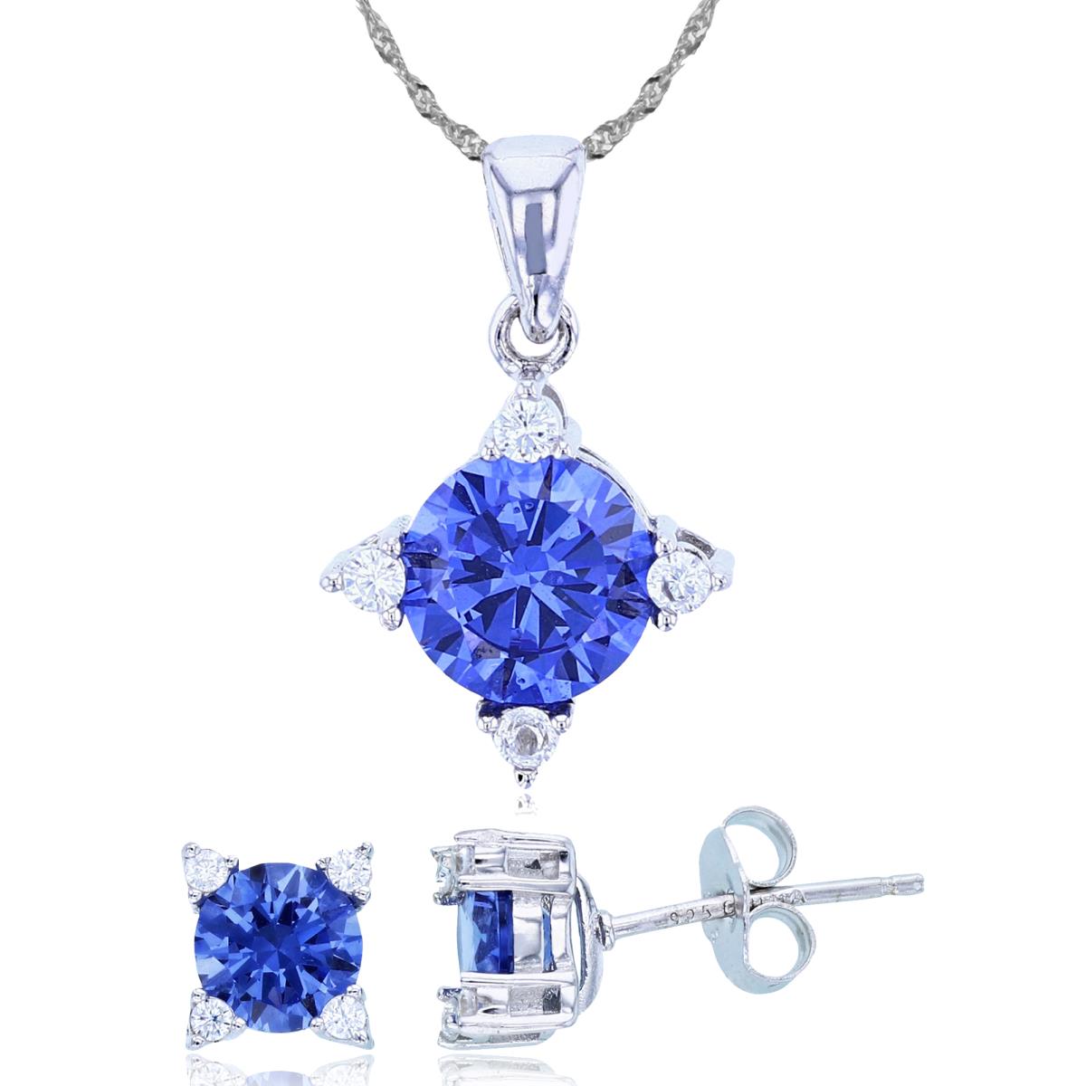 Sterling Silver Rhodium 8mm Tanzanite/2mm Rd White CZ Cushion 18"+2" Singapore Necklace/Earring Set