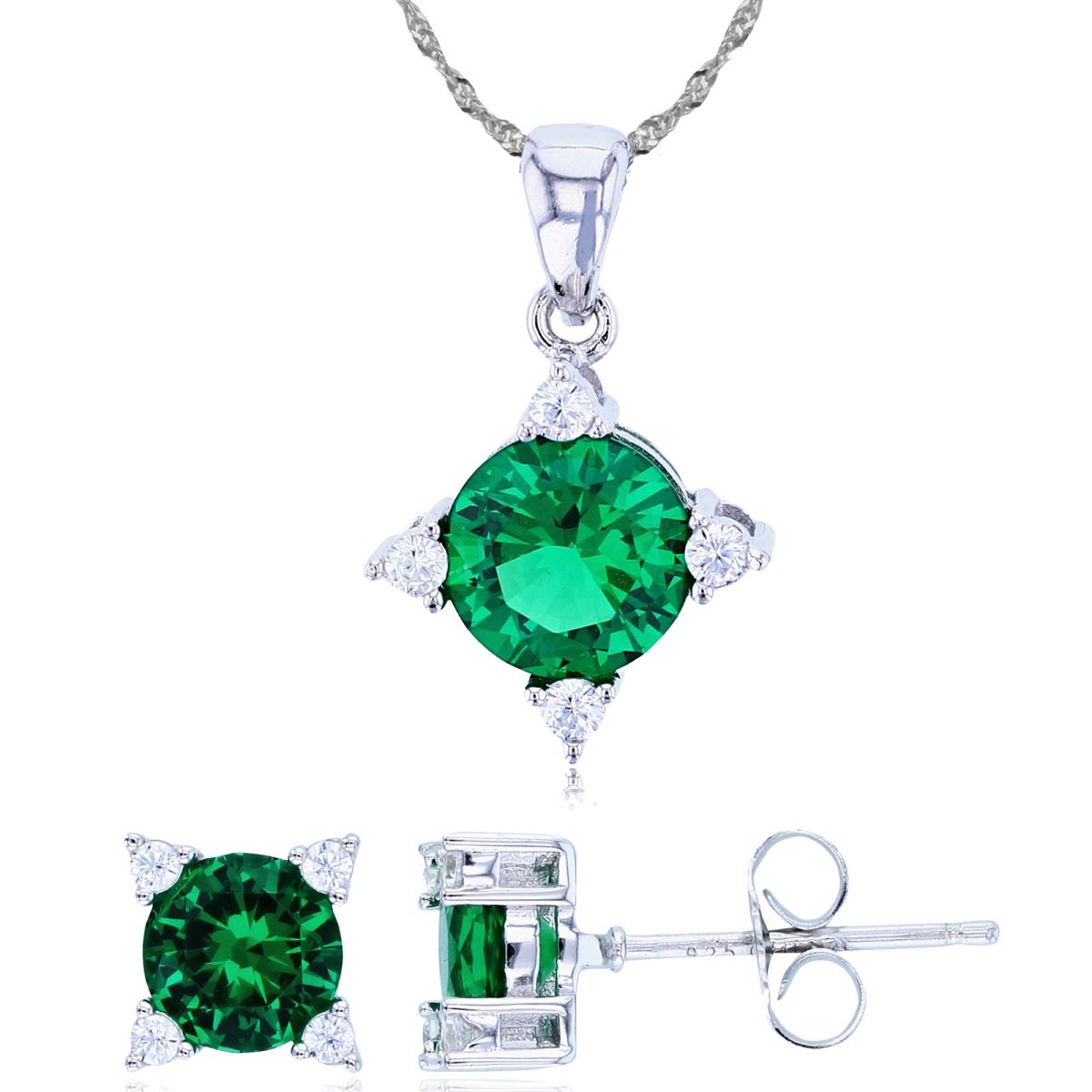 Sterling Silver Rhodium 8mm Emerald/2mm Rd White CZ Cushion 18"+2" Singapore Necklace/Earring Set