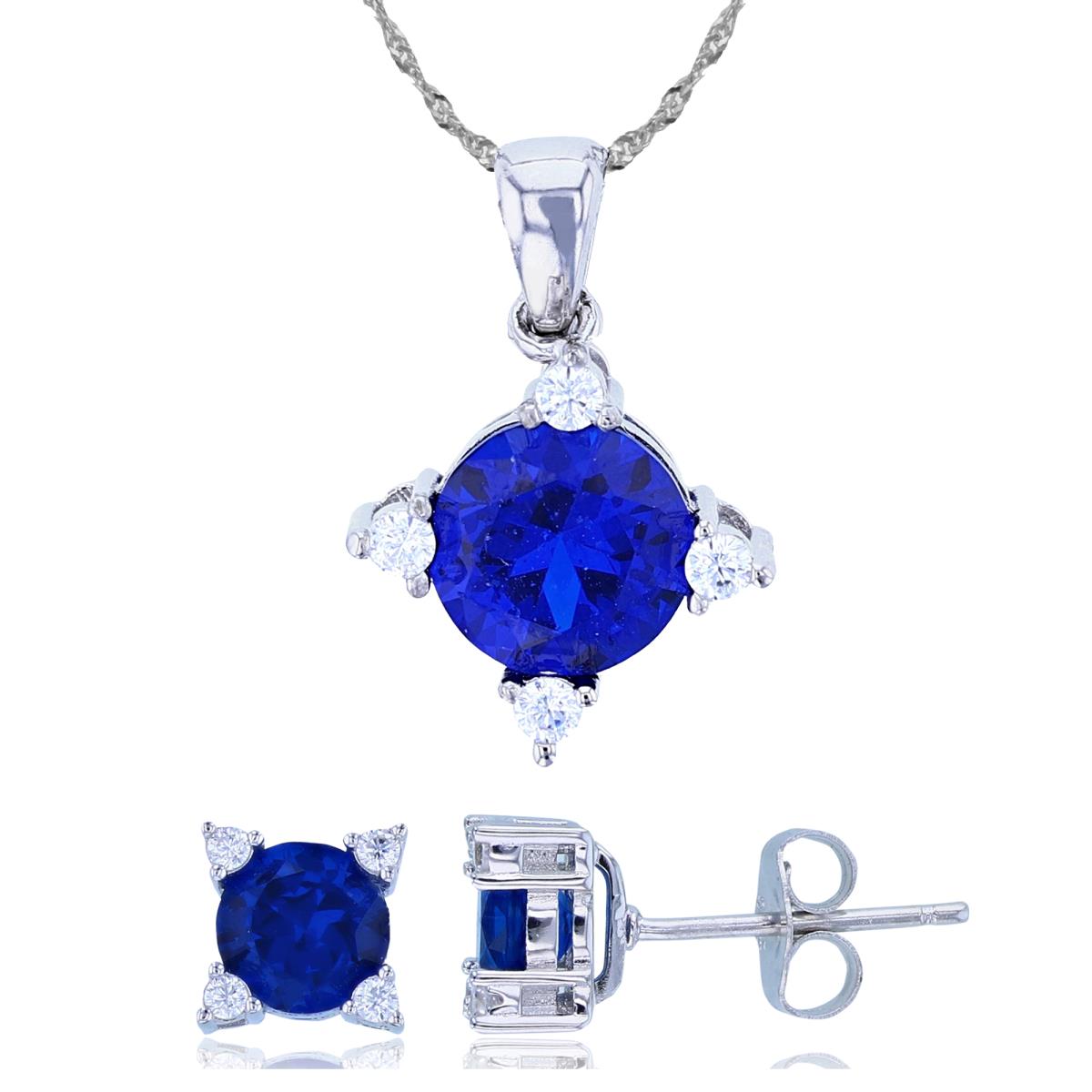 Sterling Silver Rhodium 8mm #113 Blue/2mm Rd White CZ Cushion 18"+2" Singapore Necklace/Earring Set