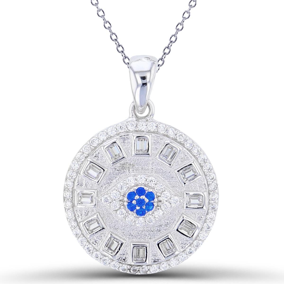 Sterling Silver Rhodium Rnd #113 BLue Spinel & SB/Rnd White CZ Evil Eye in Polish/Satin Circle 18"Necklace
