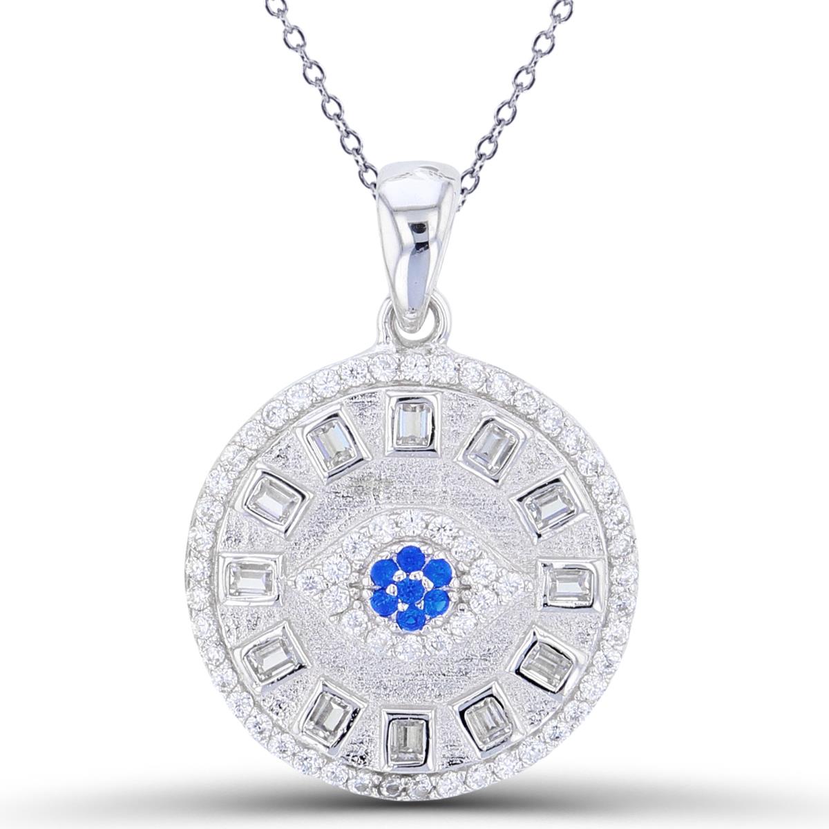 Sterling Silver Rhodium Rnd #113 BLue Spinel & SB/Rnd White CZ Evil Eye in Polish/Satin Circle 18"Necklace