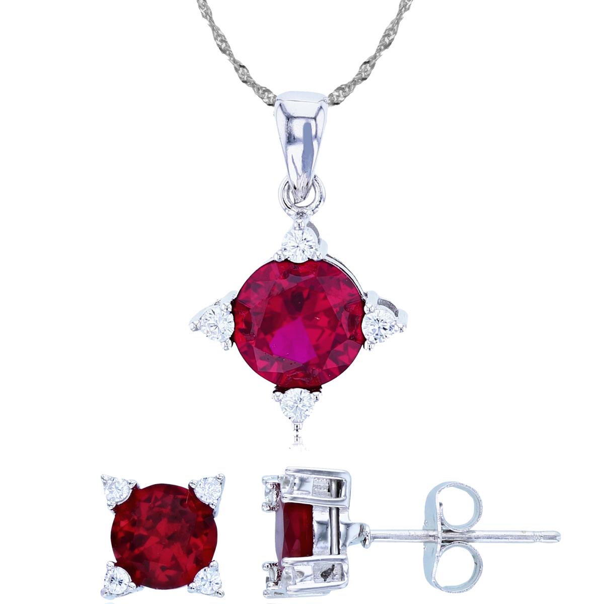 Sterling Silver Rhodium 8mm Ruby/2mm Rd White CZ Cushion 18"+2" Singapore Necklace/Earring Set
