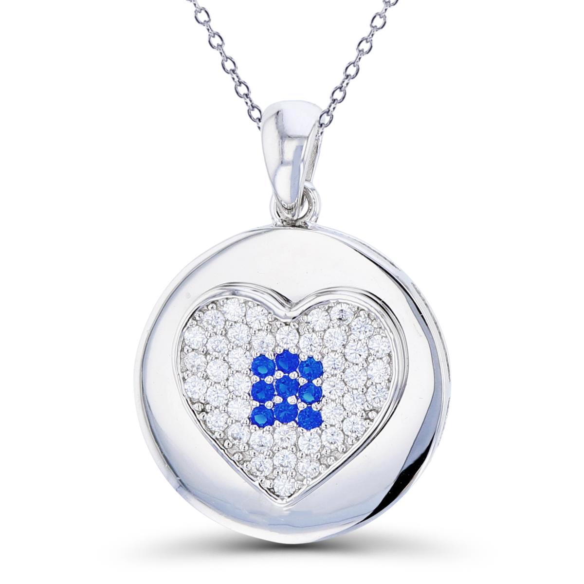 SEE : SZN8541W2SW-18  Sterling Silver Rhodium Rnd #113 BLue Spinel & Rnd White CZ Pave Heart on High Polish Circle 18"Necklace