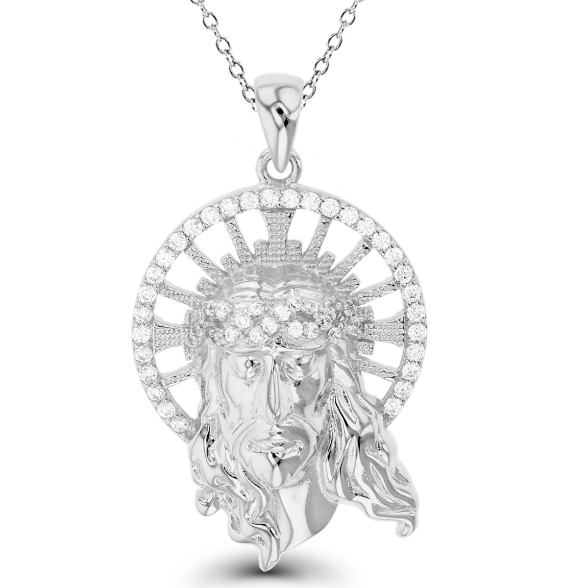 Sterling Silver Rhodium Rnd White CZ Textured Jesus Head 18"Necklace
