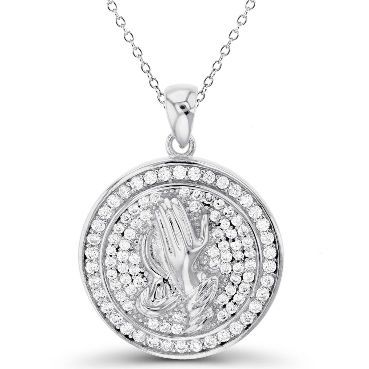 Sterling Silver Rhodium High Polish Praying Hands on Rnd White CZ Pave Circle 18"Necklace