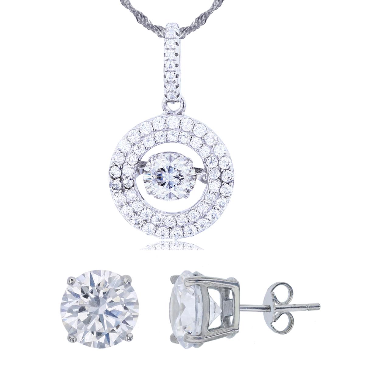 Sterling Silver Rhodium 6mm Rnd White CZ Dancing Paved 18"+2" Necklace & 8mm Rd Stud Earring Set