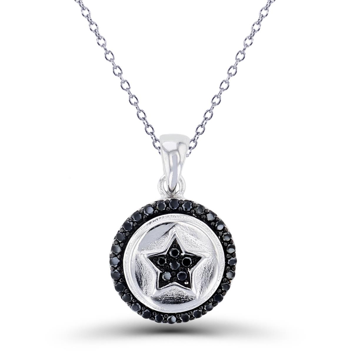 Sterling Silver Two-Tone Rnd Black Spinel Star on High Polish Puffy Circle 18"Necklace