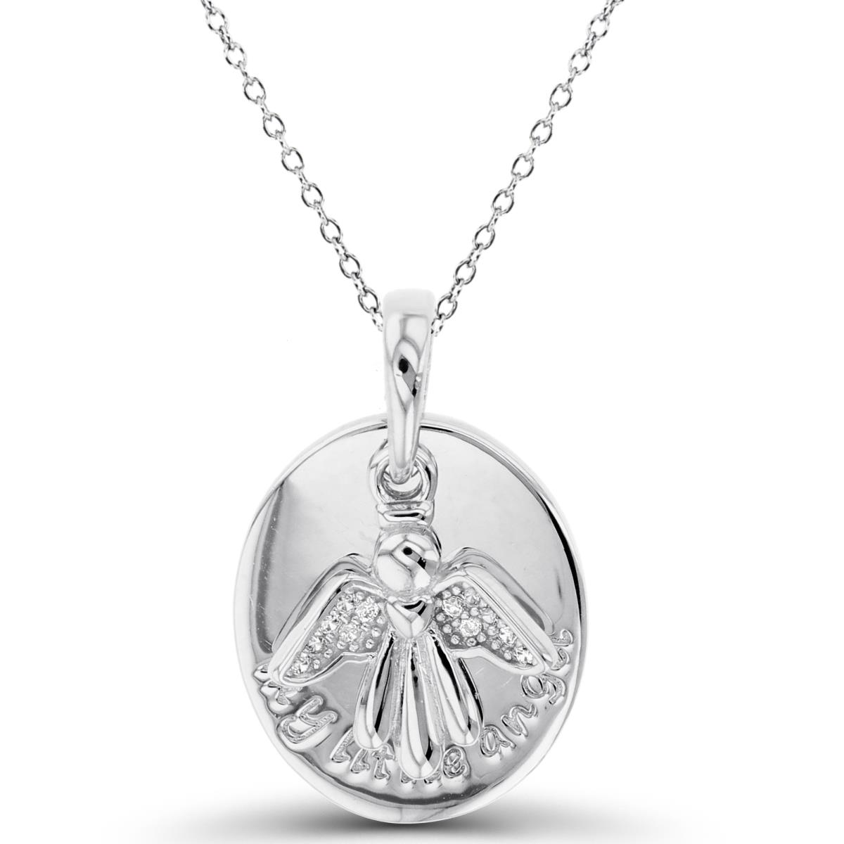 Sterling Silver Rhodium High Polish Engraved Oval with DanglingTextured Rnd White CZ Angel 18"Necklace