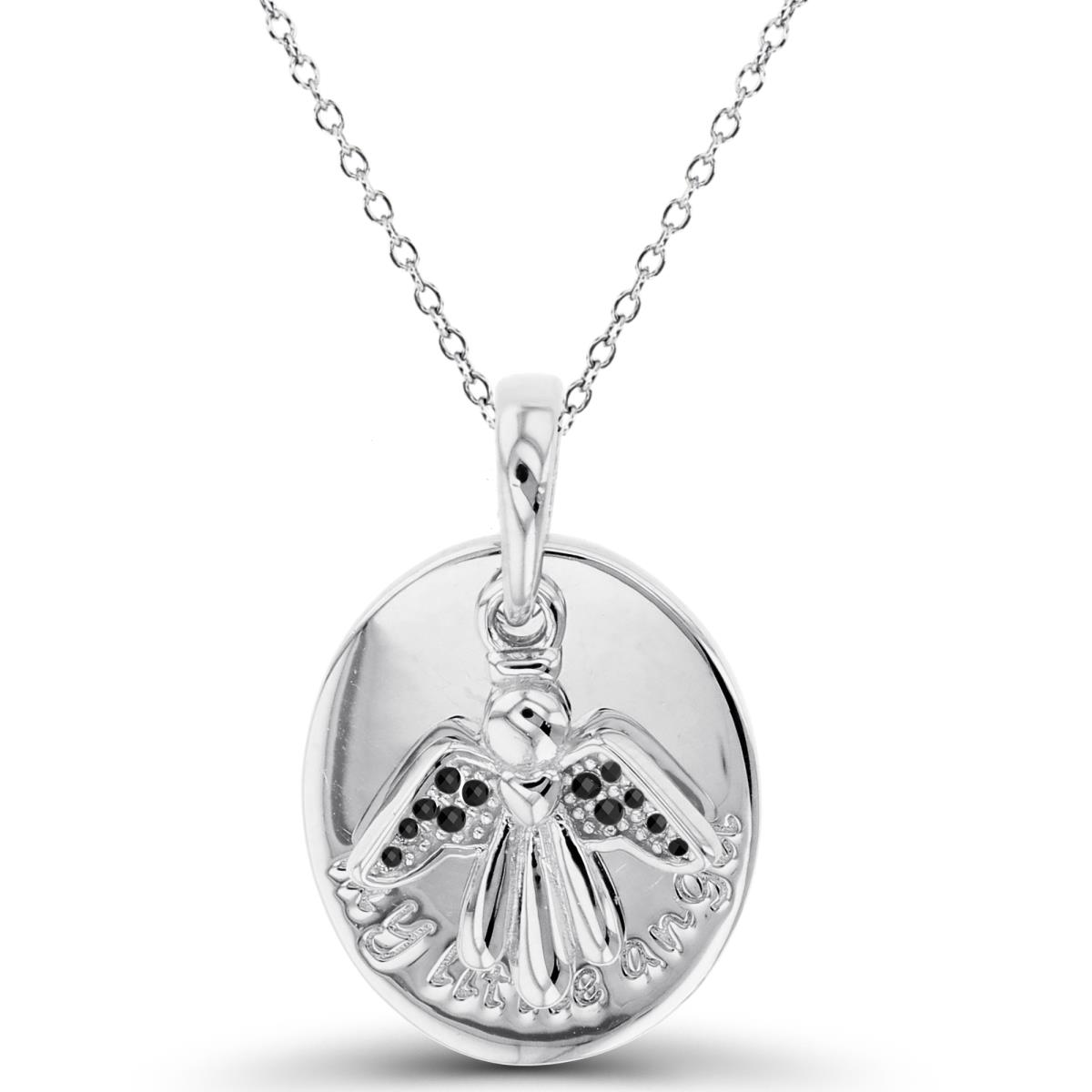 Sterling Silver Two-Tone High Polish Engraved Oval with DanglingTextured Rnd Black Spinel Angel 18"Necklace