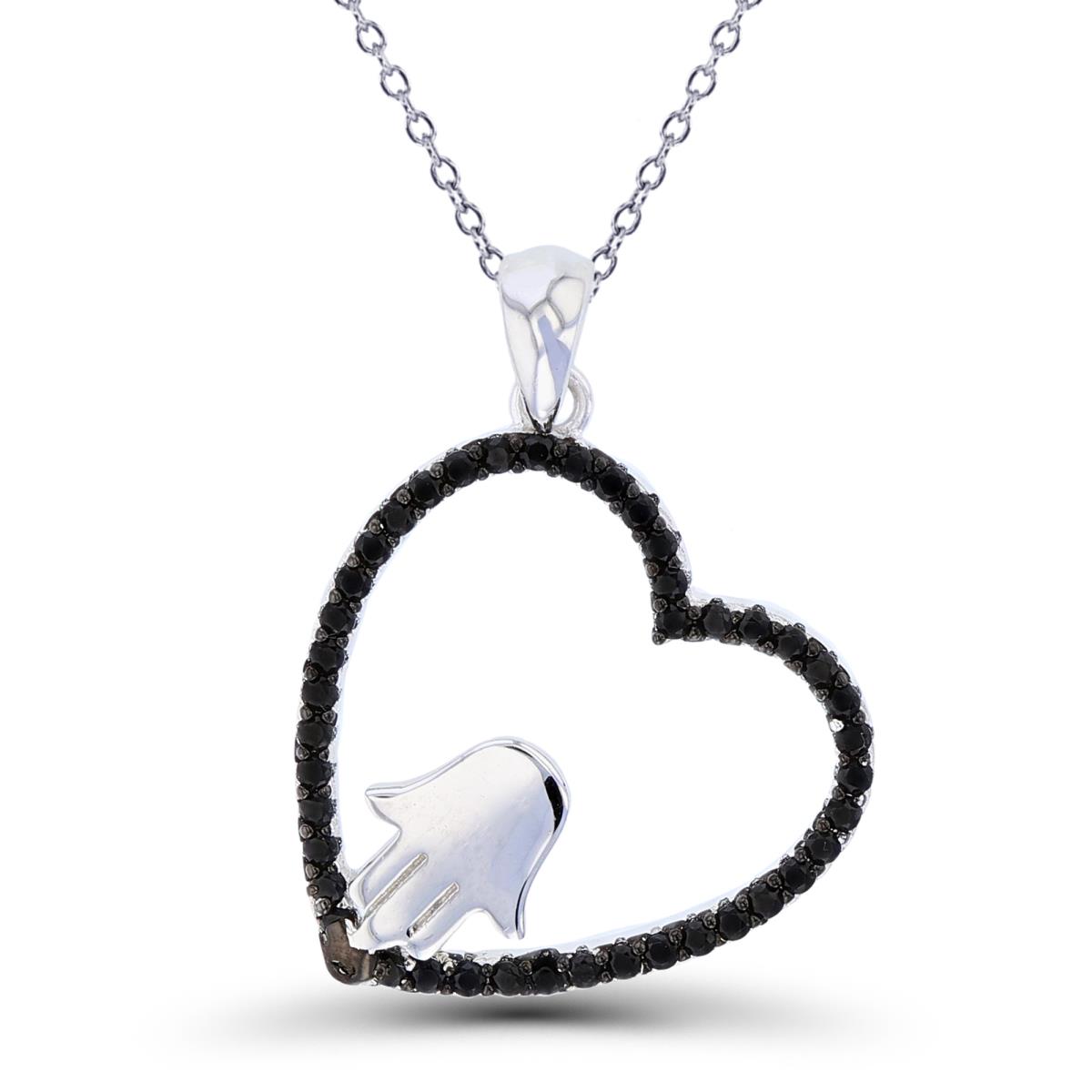 Sterling Silver Two-Tone Rnd Black Spinel Open Heart with High Polish Hamsa 18"Necklace