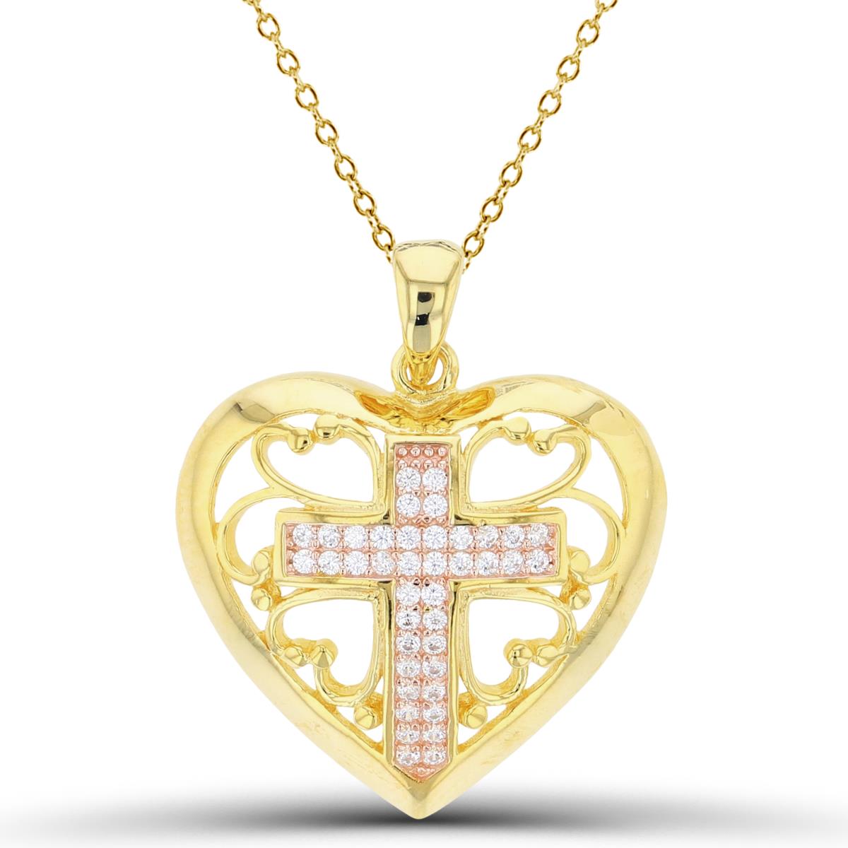 Sterling Silver Two-Tone (Y/R) Rnd White CZ Cross in Puffy Ornament Heart 18"Necklace