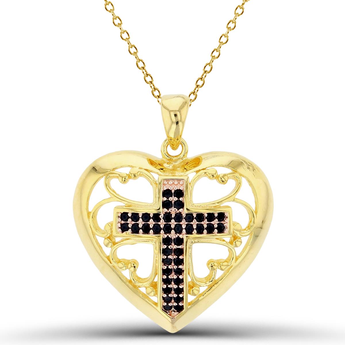 Sterling Silver Two-Tone (Y/R) Rnd Black Spinel Cross in Puffy Ornament Heart 18"Necklace