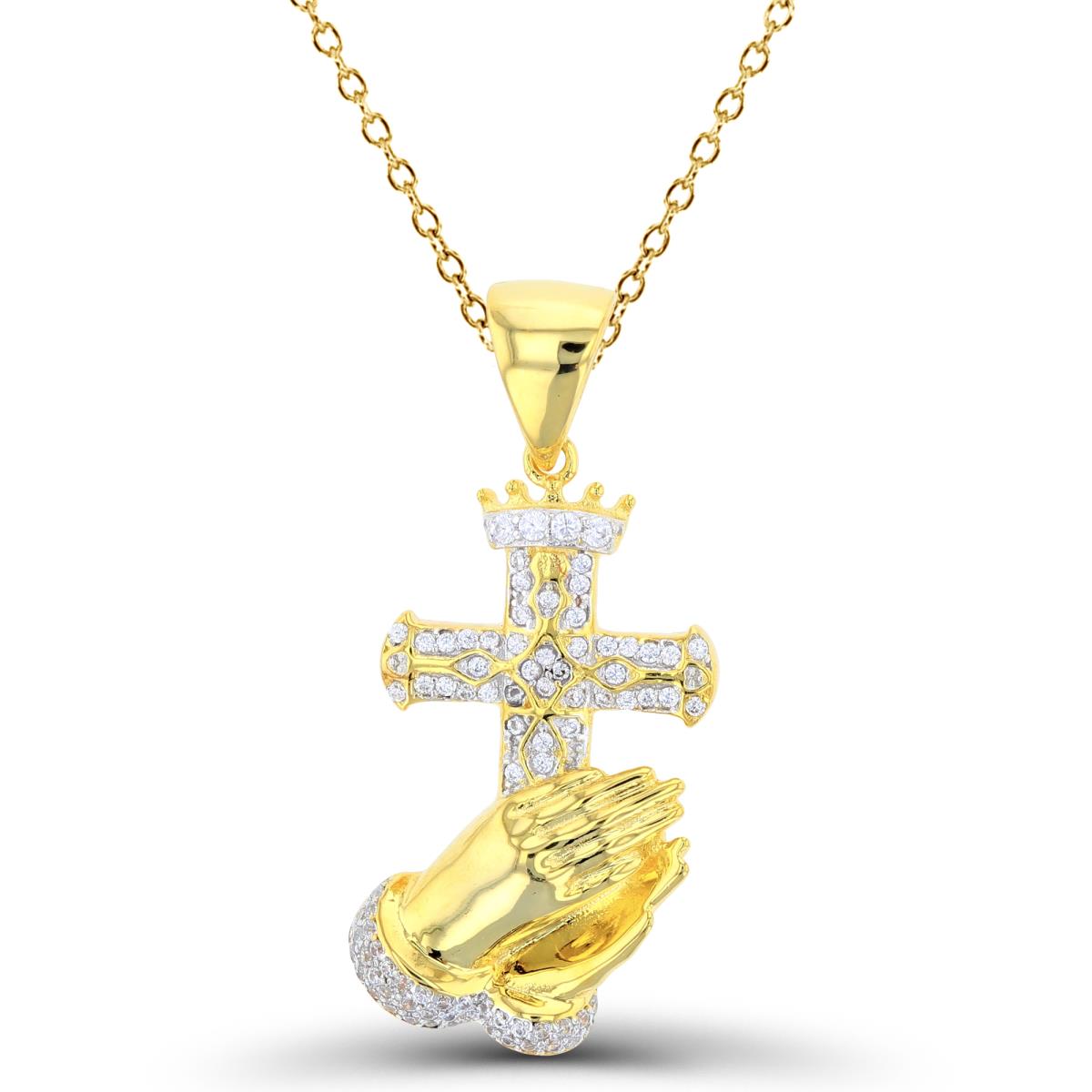 Sterling Silver Two-Tone (Y/W) High Polish & Textured Rnd White CZ Praying Hands with Cross 18"Necklace