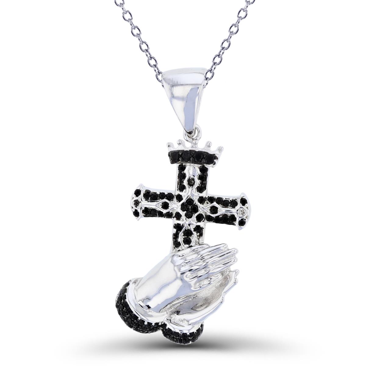 Sterling Silver Two-Tone (B/W) High Polish & Textured Rnd Black Spinel Praying Hands with Cross 18"Necklace