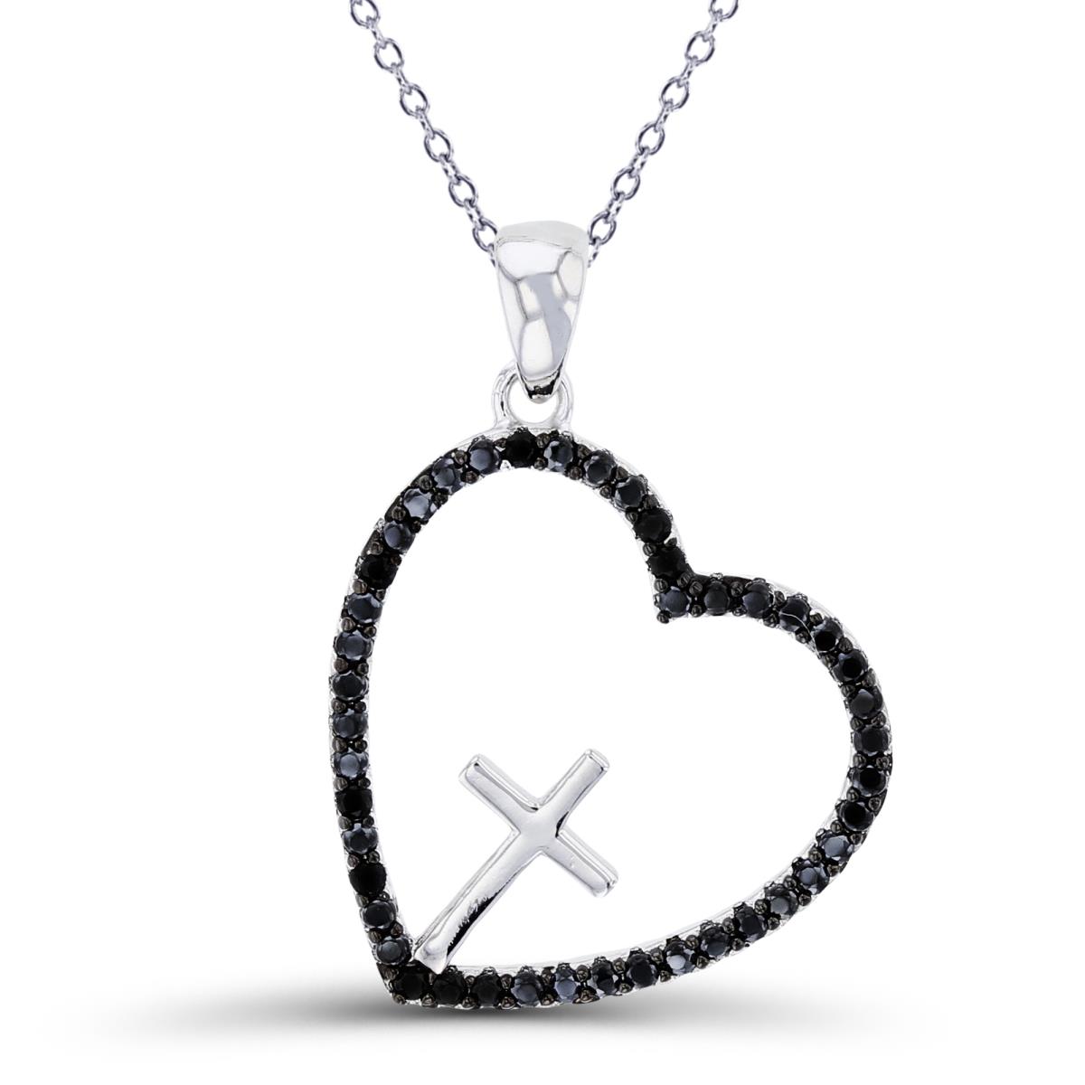 Sterling Silver Rhodium High Polish Cross in Black Spinel Open Heart 18"Necklace