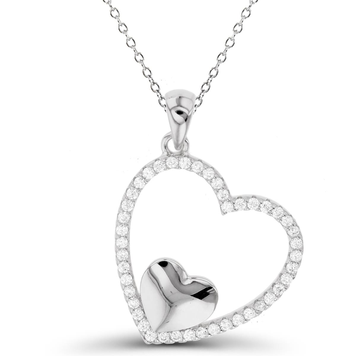 Sterling Silver Rhodium High Polish Small Heart in White CZ Open Heart 18"Necklace