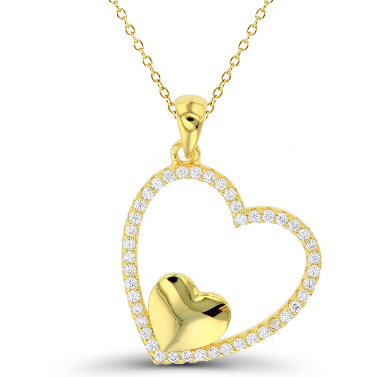 Sterling Silver Yellow High Polish Small Heart in White CZ Open Heart 18"Necklace