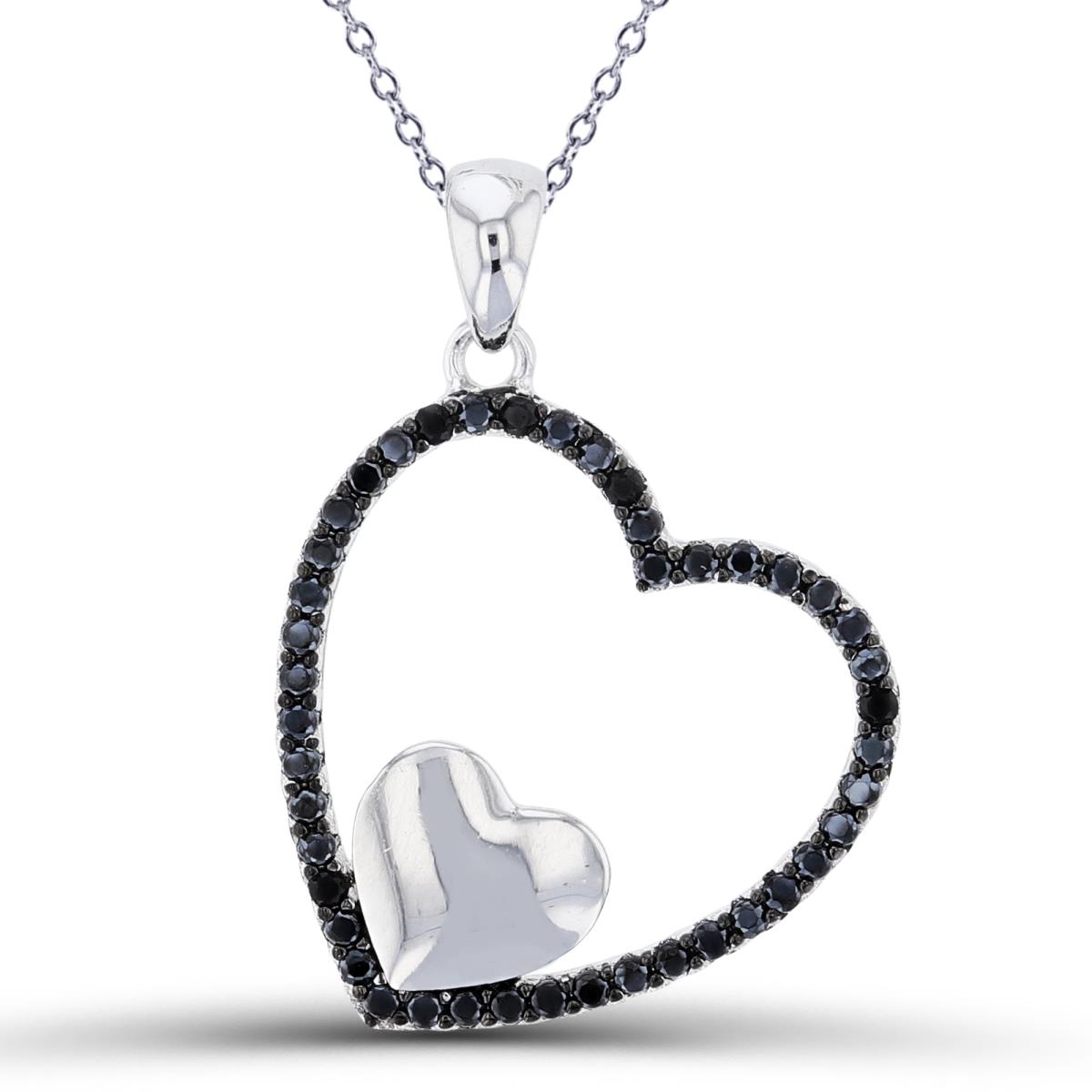 Sterling Silver Two-Tone High Polish Small Heart in Black Spinel Open Heart 18"Necklace