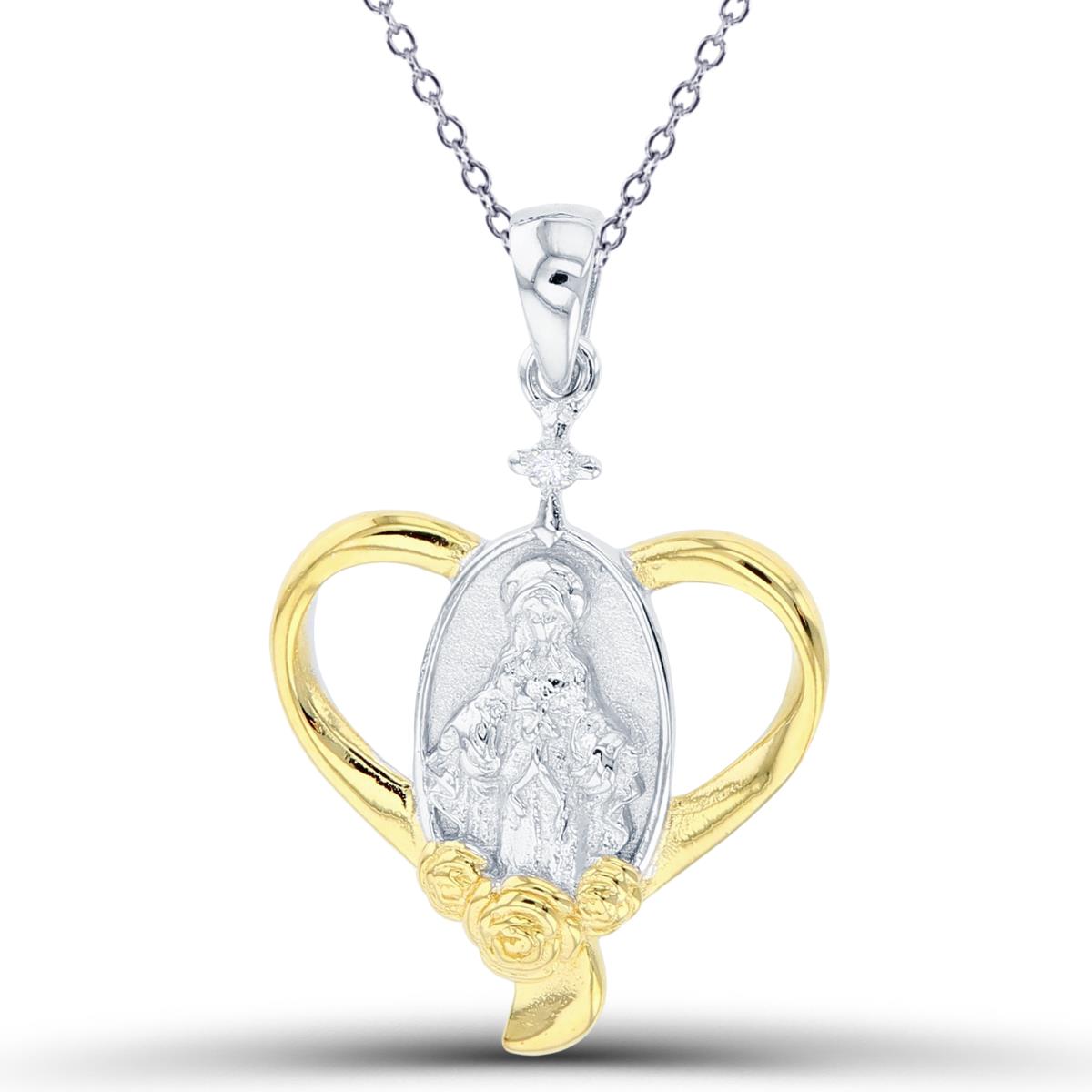 Sterling Silver Two-Tone (Y/W) Single Rnd White CZ Polish & Textured Vergin Mary/ Heart 18"Necklace